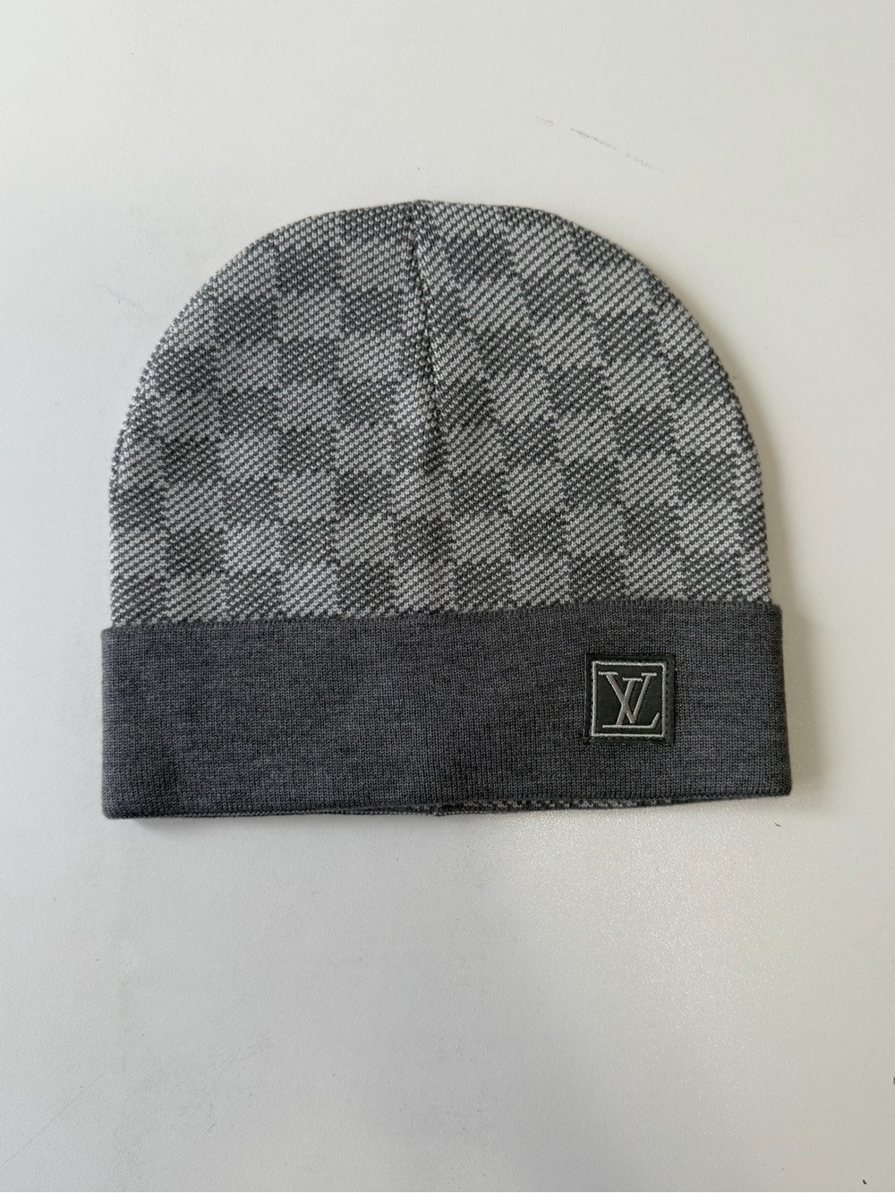 Louis Vuitton Two-Tone Gray Checker Knit Cuff Beanie